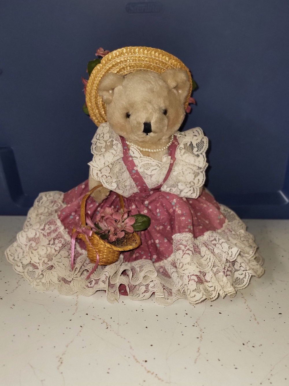 Vintage Floral Dress Teddy Bear Straw Hat - Pink & Cream Bearly People 80s 90s